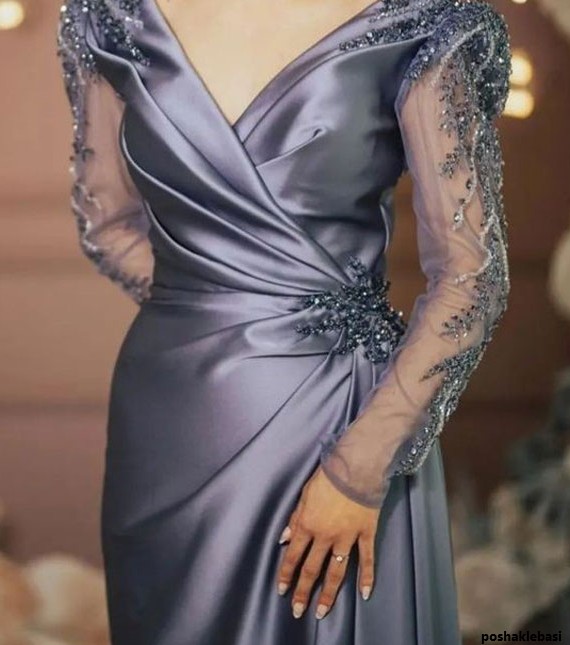 مدل لباس مجلسی بلند گیپور آستین دار