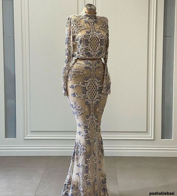 مدل لباس مجلسی بلند گیپور آستین دار