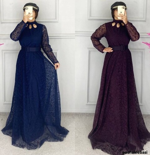مدل لباس مجلسی بلند با پارچه گیپور مشکی