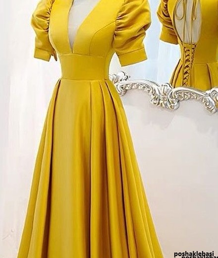 مدل لباس مجلسی حریر زرد رنگ