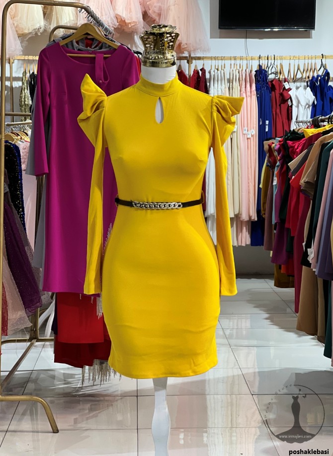 مدل لباس مجلسی کوتاه زرد